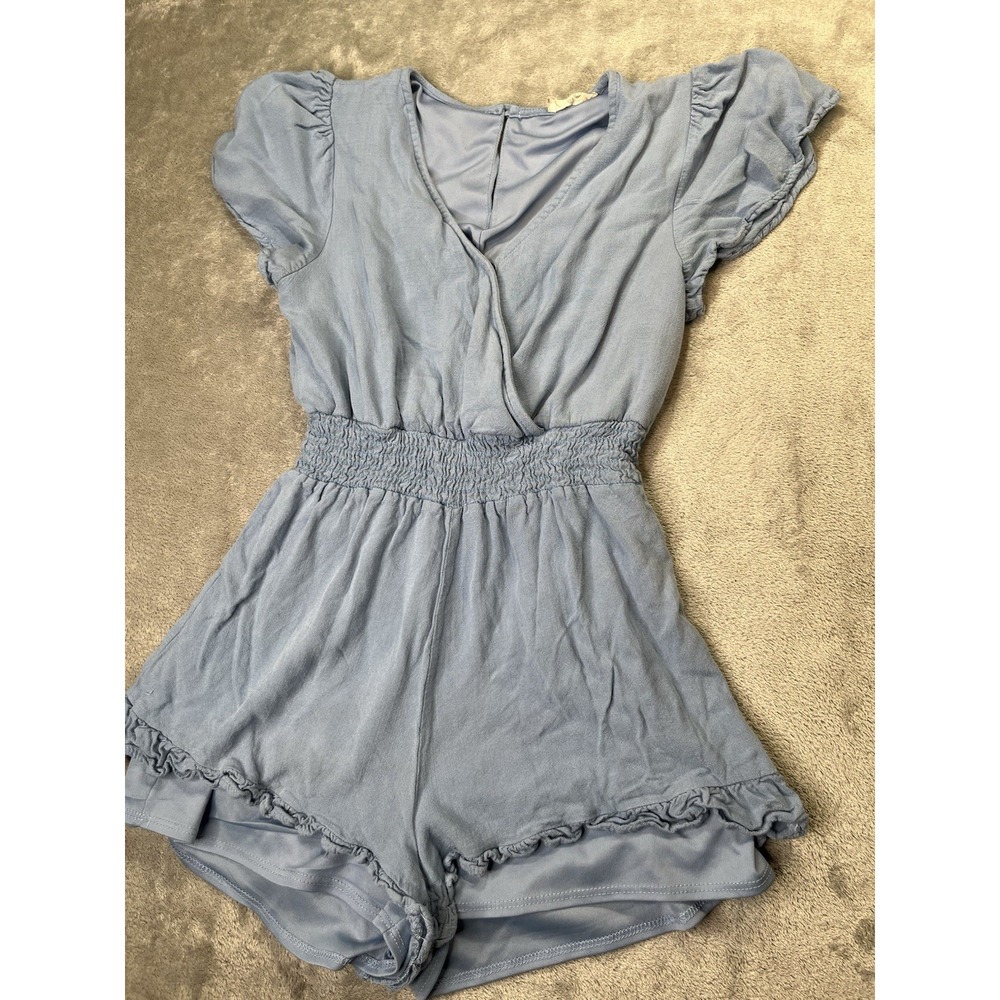 Altar'd State Light Blue Ruffle Hem Romper Smocked Waist Wrap Front XS